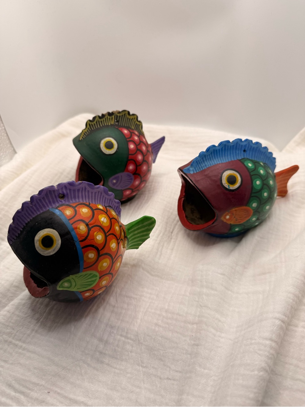 Vintage Mexican Folk Art 5" Gourd Decorated FISH Bowls Decor Hanging Art